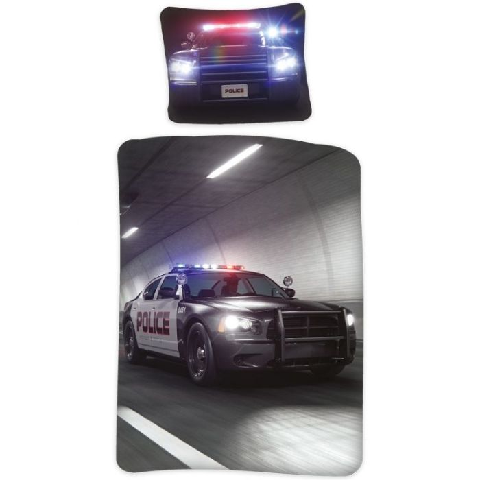 Billede af Sengetøj 140x200 cm - Sengelinned med politibil - 2 i 1 - Sengetøj børn - 100% bomuld